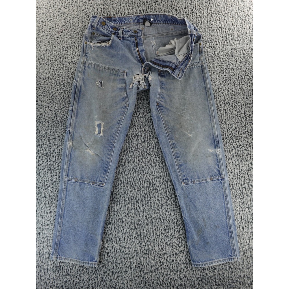 VTG PRSN Blu Jeans Mens 38x34 Blue Dark Wash Double‎ Knee Workwear USA Trashed